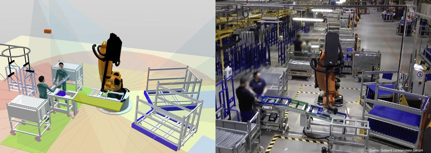 Abb. 4: Digitale Planung MRK-Arbeitsplatz inkl. Sicherheitstechnik im ema Work Designer und dessen reale Umsetzung