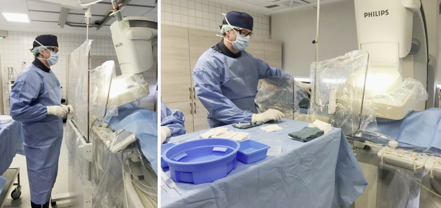 Abb. 4: Platzieren der mobilen Bleiglaswand als ergänzender Strahlenschutz zwischen Untersucher und Patiententisch mit der Angiographie-Einheit. Durch Positionierung des Arbeitstisches neben dem Patienten wird ein zusätzlich ein größerer Abstand zur Strahlenquelle erreicht