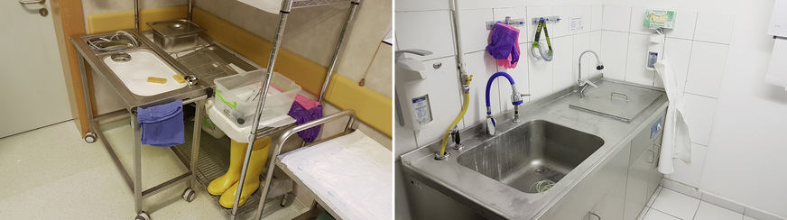 Abb. 2:&nbsp; Reinigungsplätze für OP-Instrumente – früher waren Gummistiefel erforderlich! Rechts der verbesserte Reinigungsplatz