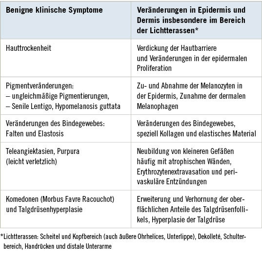 Tabelle 3:  Benigne klinische Symptome der chronischen Lichtschädigung (modifiziert nach Yaar et al. 2006, Auswahl)