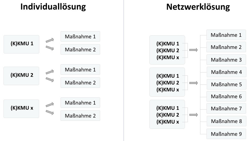 Abb. 2: Prinzip der Maßnahmenumsetzung pro Unternehmen (Individuallösung) vs. im Netzwerkzusammenschluss (Netzwerklösung) (eigene Darstellung)