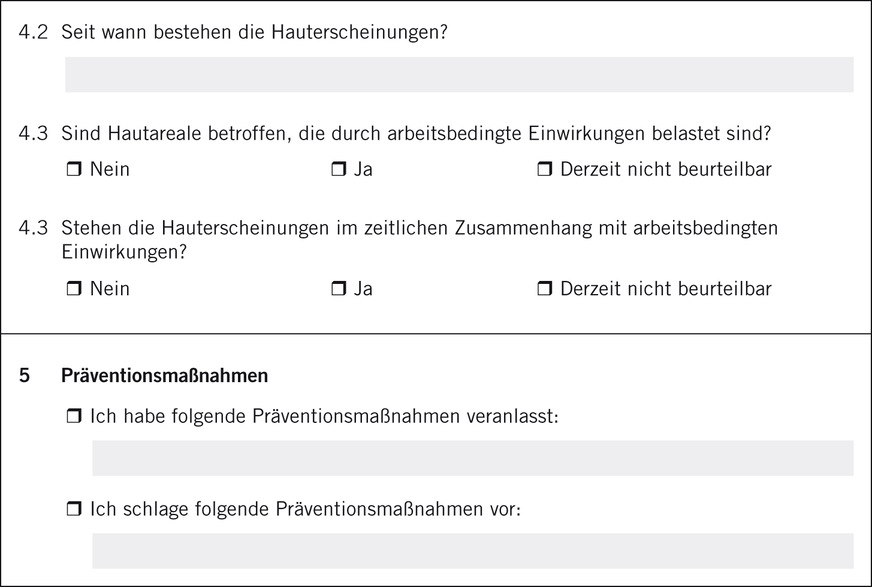 Abb. 2:  Blatt 4 des Formulars Betriebsärztlicher Gefährdungsbericht Haut (F6060-5101): Punkt 5: Möglichkeit der Empfehlung individualpräventiver Maßnahmen durch den betriebs­ärztlichen Dienst