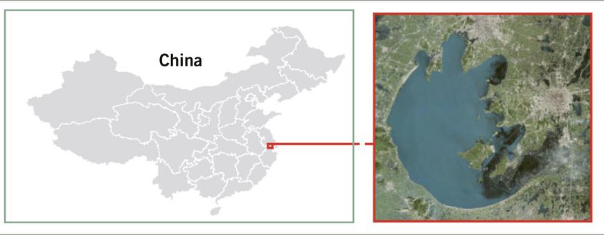 Abb. 2:  Der Tai-See ist der drittgrößte Süßwassersee in China und liegt westlich von Shanghai (mod. aus Jia u. Schmid 2019)