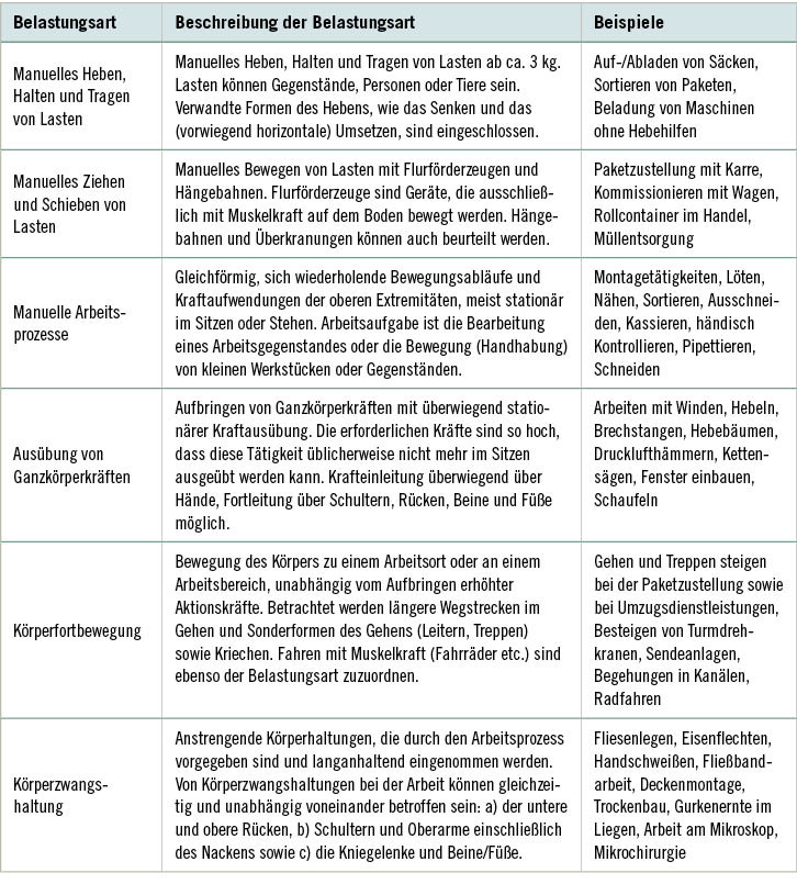 Tabelle 2:  Übersichtstabelle zu den körperlichen Belastungsarten