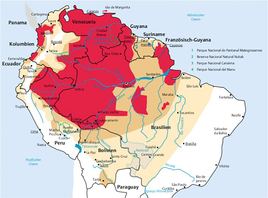 Abb. 3:  Malariarisiko und empfohlene Schutzmaßnahmen für Brasilien gemäß StAR. Quelle: Rothe et al. 2020 (mit freundlicher Genehmigung des Thieme-Verlags und des EKRM)