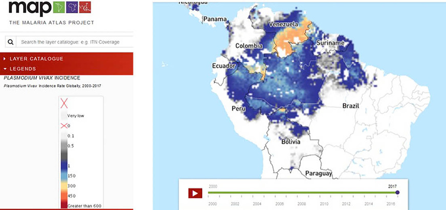 Abb. 2b:  Darstellung der Plasmodium-vivax-Inzidenz 2017 durch das MAP Project, Oxford, UK. Quelle: Malaria Atlas Project (s. „Weitere Infos“)