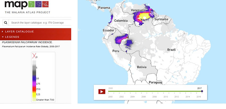 Abb. 2a:  Darstellung der Plasmodium-falciparum- Inzidenz 2017 durch das MAP Project, Oxford, UK. Quelle: Malaria Atlas Project (s. „Weitere Infos“)