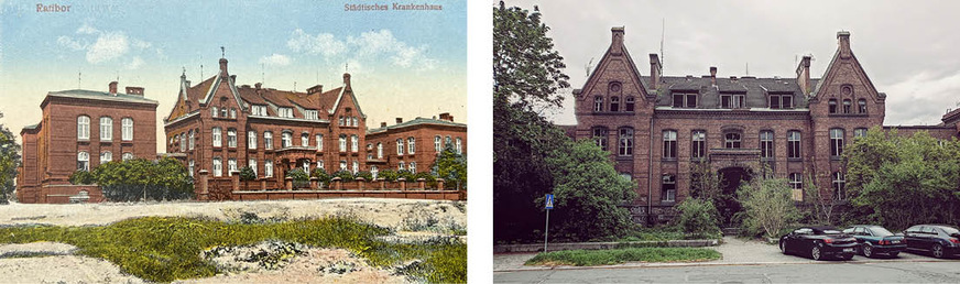 Abb. 3:  Links: Das Städtische Krankenhaus Ratibor, Historische Ansichtskarte von 1900 (Sammlung des Autors). Rechts: Aufnahme von 2019 (Foto: SRC Urbex, Genehmigung für Veröffentlichung erteilt)Fig. 3: Left: Städtisches Krankenhaus (Municipal Hospital) Ratibor, old picture postcard from 1900 (author’s collection. Right: Photo from 2019 (photograph: SRC Urbex, permission granted for publication)