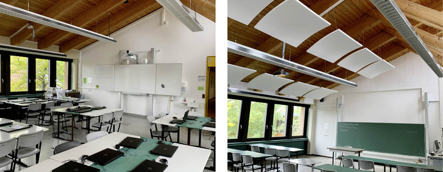 Abb. 3: Klassenzimmer ohne (links) und mit (rechts) Absorberelementen an der Decke