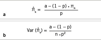 Abb. 2:  Formeln zur Berechnung der Prävalenz für die sensible Frage (a) sowie des 95%-Konfidenzintervalls (b). Dietz et al. 2013a,b