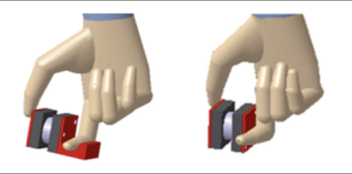 Abb. 7:  Links eine formschlüssige Kopplungsart bei der Greifart ”lateral pinch” und rechts eine reibschlüssige Kopplungsart bei der Greifart ”lateral pinch” (eigene Darstellung)