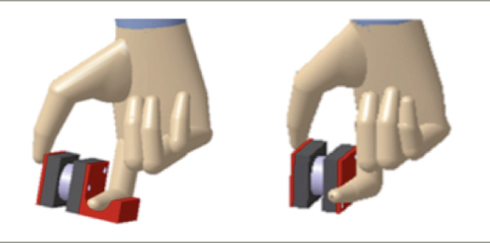 Abb. 7: Links eine formschlüssige Kopplungsart bei der Greifart ”lateral pinch” und rechts eine reibschlüssige Kopplungsart bei der Greifart ”lateral pinch” (eigene Darstellung)
