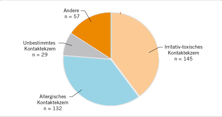 Abb. 3: Verteilung der Diagnosen bei Berufskrankheiten der Haut (Angaben beziehen sich auf die Daten aller Unfallversicherungen in der Schweiz). © Suva Arbeitsmedizin