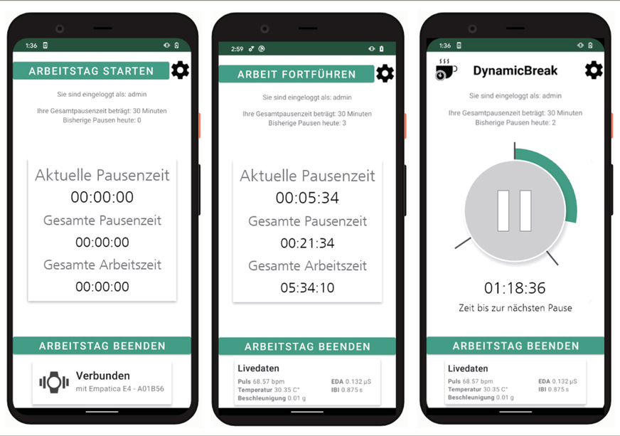 Abb. 2:  Interfacedesign des Hauptbildschirms der App „Dynamische Pause“. Links: Startbildschirm, Sensorarmband ist verbunden. Mitte: Vitaldaten werden in Echtzeit angezeigt, Zeitaufnahme wurde gestartet. Rechts: symbolbasiertes Format (Quelle: Fraunhofer IML, eigene Darstellung)