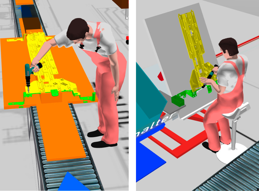 Abb. 3: Sitzmöglichkeit zur Vormontage von Baugruppen in ergonomisch günstiger Körperhaltung und Hand-Arm-Stellung (links: Planungsstand, rechts: gleiche Tätigkeit, sitzend mit Winkelschrauber) (Quelle: imk automotive GmbH)