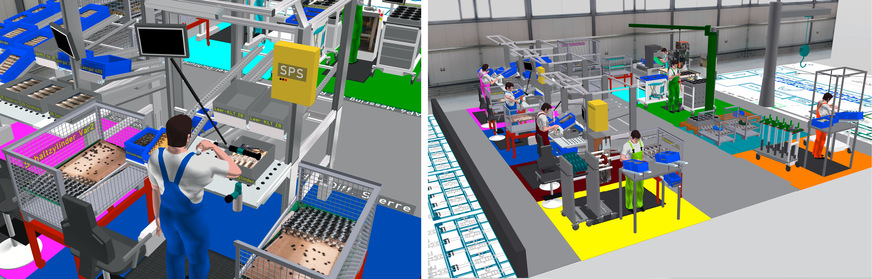 Abb. 5:  Detailansicht eines neu gestalteten Arbeitsplatzes (links) und Gesamtüberblick neuer Produktionsbereich mit sieben Arbeitsplätzen (rechts) (Quelle: imk automotive GmbH)