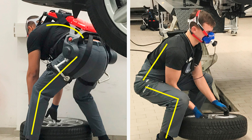 Abb. 2: Körperhaltungen beim Aufnehmen eines Rads mit (links) und ohne aktives Exoskelett „Cray X“ (rechts)