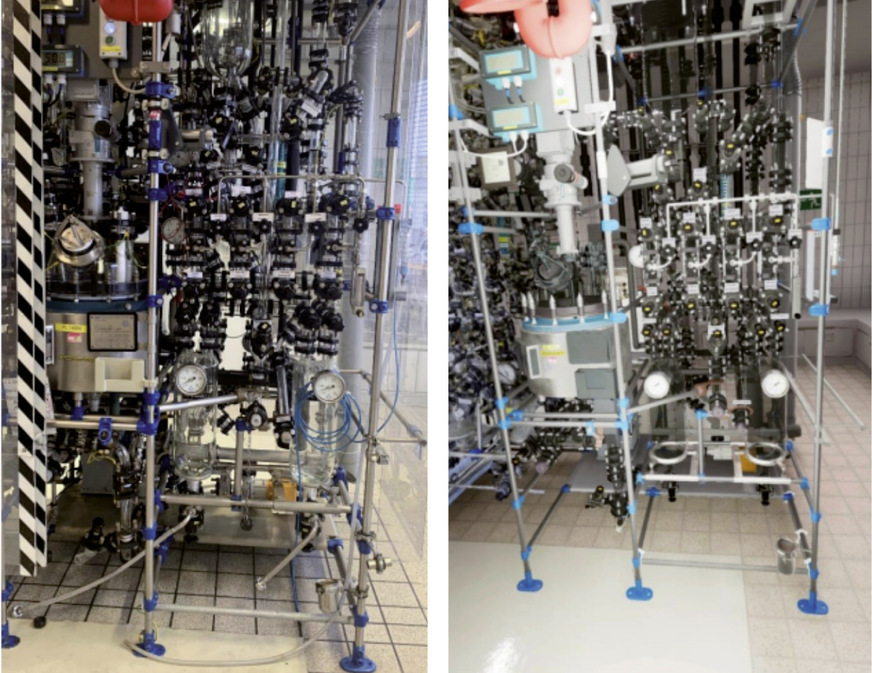 Abb. 4: Realanlage (links) und bedienbares VR-Abbild (rechts) einer Ausbildungsanlage in der produktionstechnischen Ausbildung von Merck