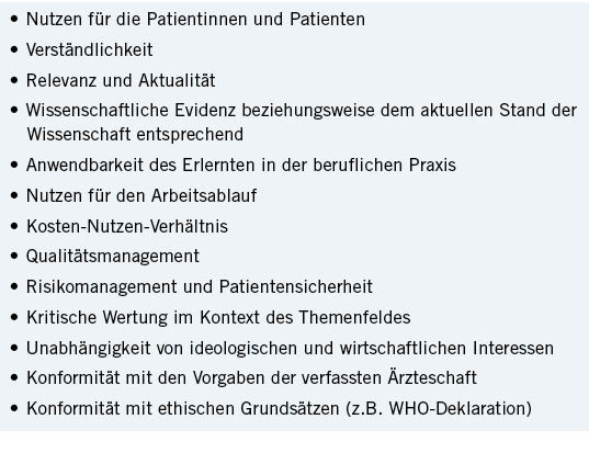 Übersicht:   Kriterien für die Inhalte der ärztlichen Fortbildung gemäß Empfehlungen der Bundesärztekammer (2021b)