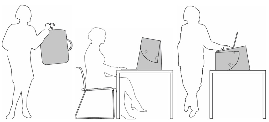 Abb. 5:  Schematische Darstellung eines faltbaren Tischaufsatzes, der den Arbeitsmodus ­signalisiert, Konzentration fördert, visuell und akustisch abschirmt, Blendfreiheit verbessert und nach vorne abgekippt als Stehpultaufsatz fungieren kann (Quelle: Wilkhahn)