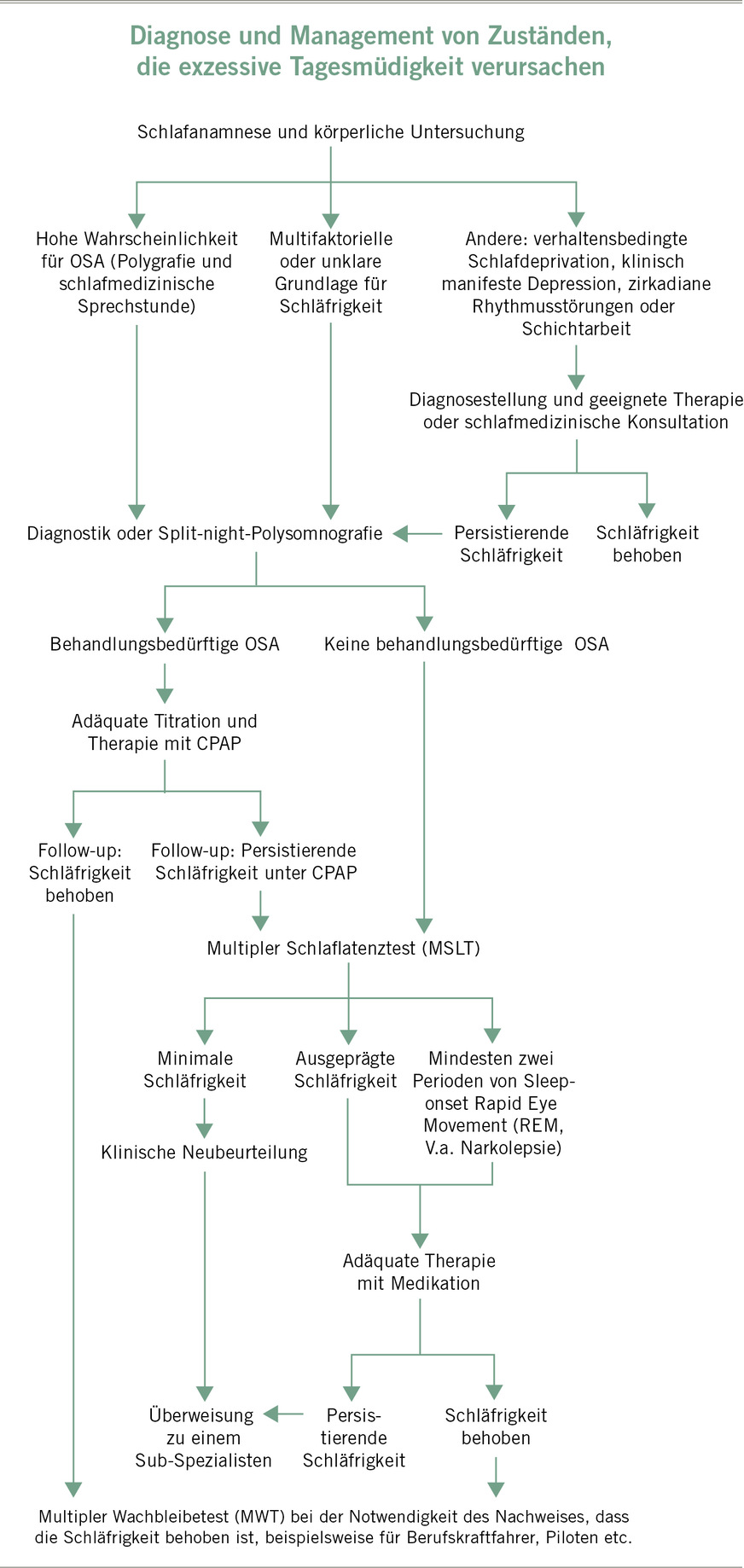 Abb. 2: Klinischer Algorithmus für die Diagnose und Therapie von Ursachen von exzessiver Tagesschläfrigkeit (adaptiert und mit freundl. Genehmigung aus Pagel 2009)