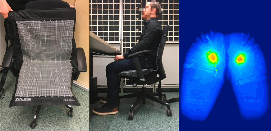 Abb. 2: Druckmessmatte auf Bürostuhl, Sitzposition auf dem Bürostuhl und grafische Darstellung der Druckmesswerte (v.l.n.r)