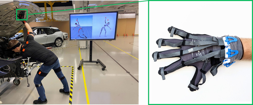 Abb. 3:  DWSM besteht aus einem Motion-Capturing.System (orange Sensoren) und einem Kraftmesshandschuh (rechts im Bild) (Quelle: BMW Group)