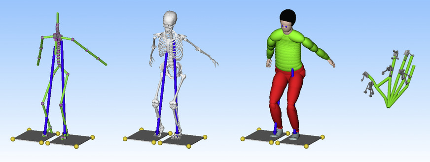 Abb. 2:  Dynamicus von links nach rechts: Vektorskelett mit Gelenken, Volumenskelett, Ellipsoiddarstellung, Vektorskelett der Hand (eigene Darstellung)