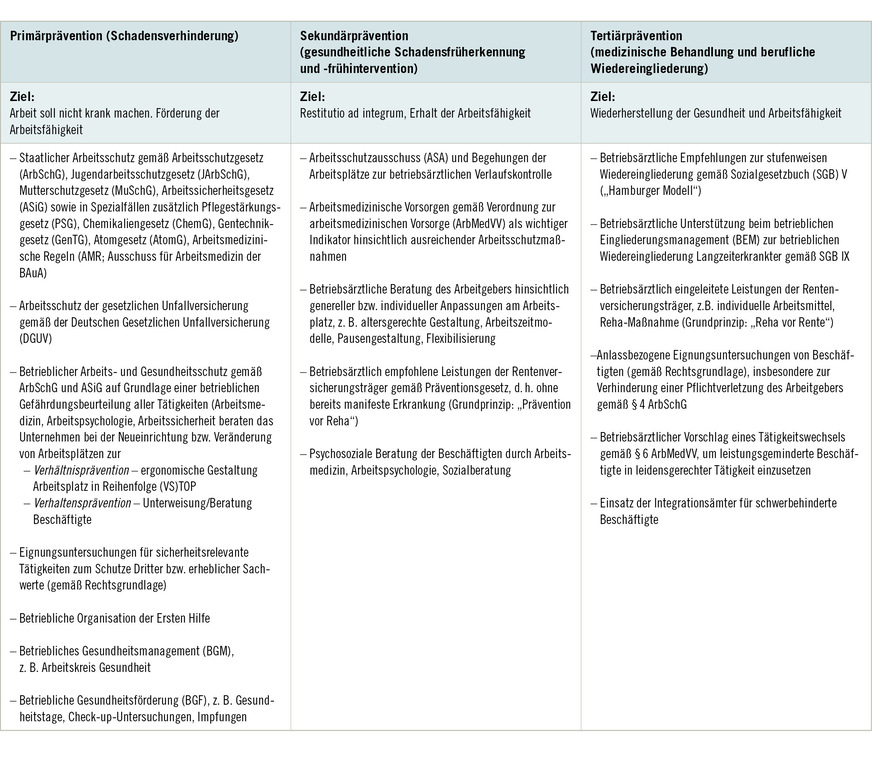 Tabelle 1:  Gesundheitliche Prävention zum Erhalt der Beschäftigungsfähigkeit