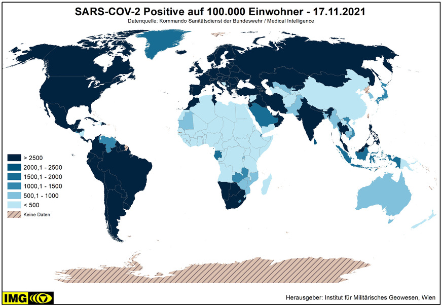 Abb. 5:  Internationale Kooperation zwischen Geoinformations- und Gesundheitswesen: Geografische Darstellung der SARS-CoV-2-Fallzahlen vom 17. November 2021 in Form einer kumulativen Inzidenz