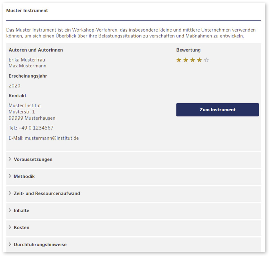 Abb. 2:  Beispielhafte Darstellung der Detailseite eines Instruments im GB-Psych Kompass mit aufklappbaren Reitern. Hinweis: Die Abbildung stellt lediglich einen Mustereintrag dar