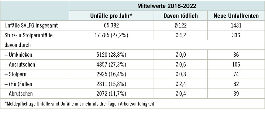 Tabelle 1:   Übersicht über das Unfallgeschehen der meldepflichtigen Sturz- und Stolperunfälle, die in der Zuständigkeit der SVLFG liegen