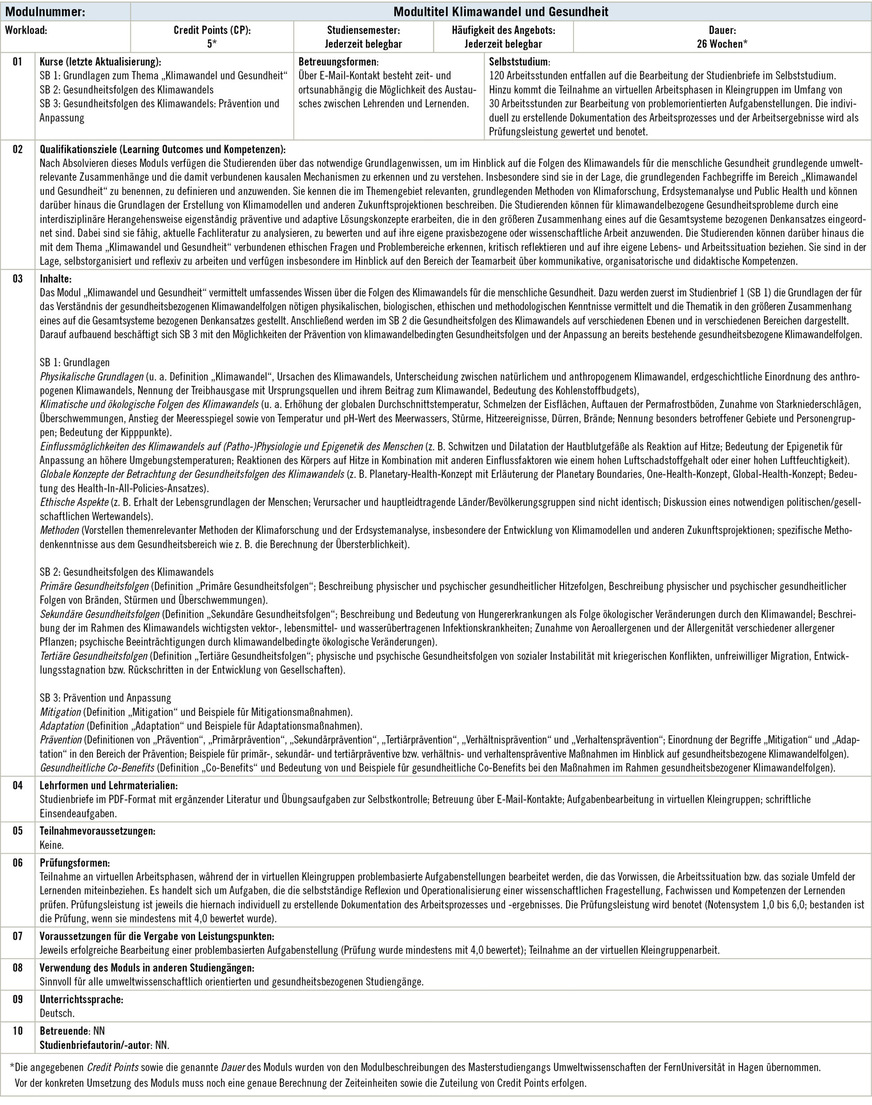 Tabelle 2:  Beispiel für eine Modulbeschreibung zum geplanten Modul Klimawandel und Gesundheit in Form eines FernstudiumsTable 2: Example of a description of the proposed module on climate change and health in the form of a remote course