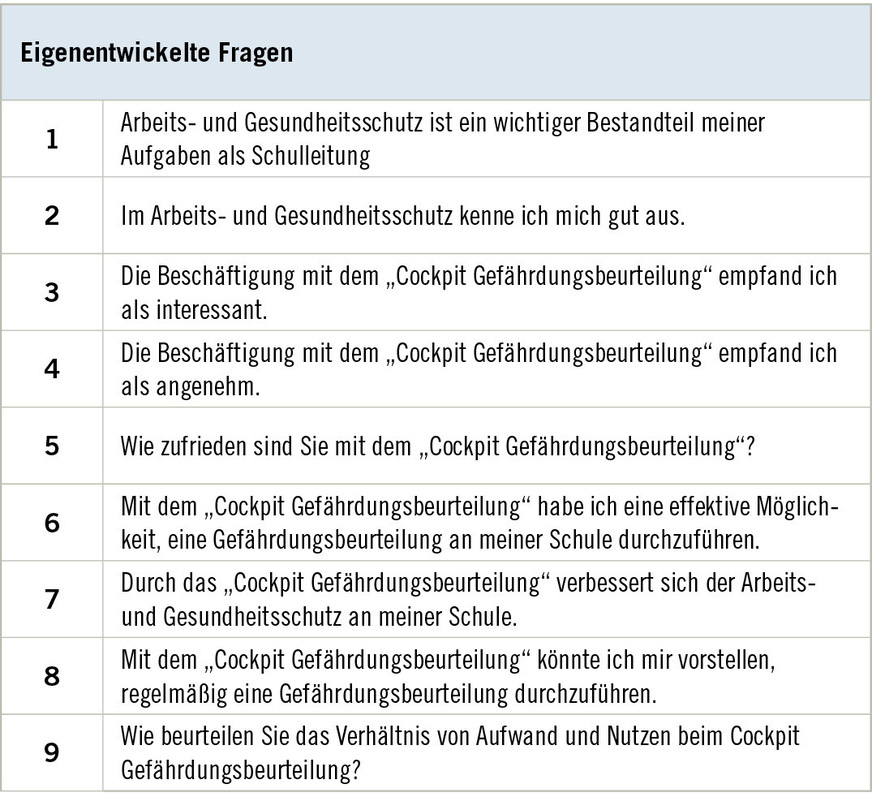 Tabelle 1:  Übersicht über die eigenentwickelten Fragen im FragebogenTable 1. Overview of the self-developed questions in the questionnaire