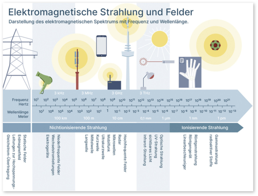 Abb. 2: Elektromagnetisches Spektrum in Wellenlänge und Frequenz. Oben sind typische Anwendungen gezeigt, unten die Einteilung in verschiedene Klassen, wie niederfrequente und hochfrequente Felder. Ist die Frequenz der EMF hoch genug, können beim Auftreffen der Welle auf ein Atom Elektronen aus der Atomhülle entfernt werden, es wird dann von ionisierender Strahlung gesprochen. Gegenstand dieses Artikels sind EMF bis zum Hochfrequenzbereich (Frequenzen bis zu 300 GHz), das heißt nichtionisierende Strahlung (Quelle: BfS, https://www.bfs.de/SharedDocs/Bilder/BfS/DE/emf/em-spektrum.jpg?)