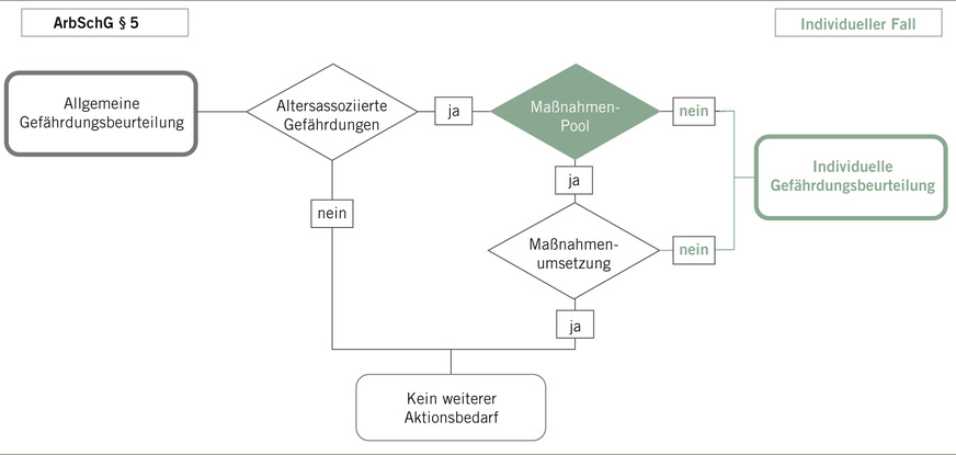 Abb. 5:  Ermittlung altersassoziierter Gefährdungen und Erstellung eines Maßnahmenpools in der Gefährdungsbeurteilung. Eigene Darstellung