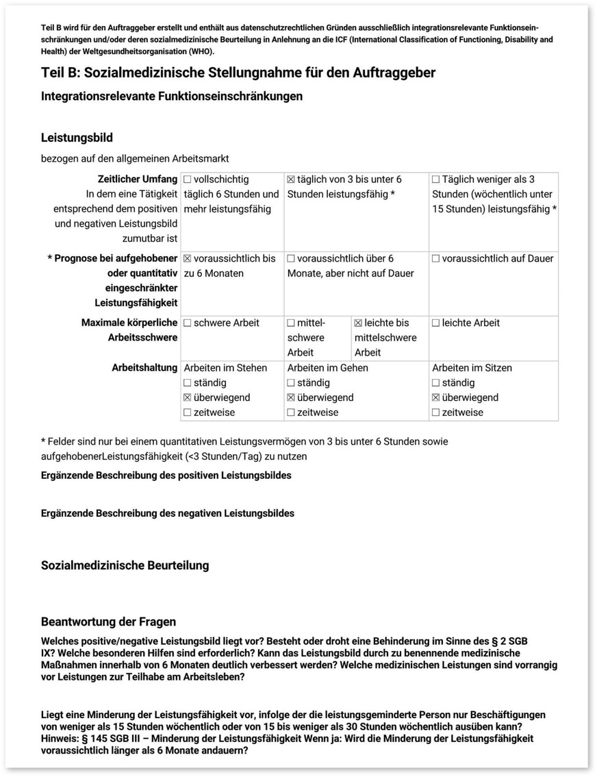 Abb. 1: Aufbau der sozialmedizinischen Stellungnahme des ÄD für den Auftraggeber (Teil B) mit integrationsrelevanten Funktionseinschränkungen, Leistungsbild, sozialmedizinischer Beurteilung und möglichen ergänzenden (Ziel-)Fragen