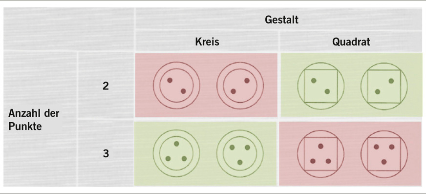 Abb. 3:  Im FAKT-II dargebotene Prüfformen mit der Entscheidung „akzeptabel“ (grün unterlegt) bzw. „fehlerhaft“ (rot unterlegt). Quelle: mod. nach Moosbrugger u. Goldhammer 2007, S. 16)