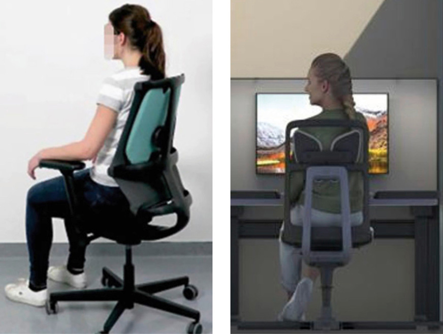 Abb. 3:  a Thoraxstütze an einem Bürostuhl zur Abstützung des Oberkörpers und Entlordosierung.  b mp#host als Einheit für Homeoffice und Working Spaces