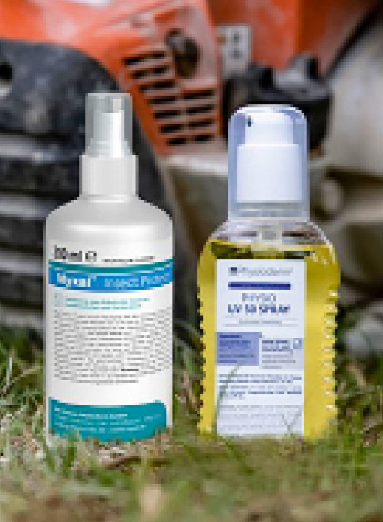 „Myxal Insect Protect schützt wirksam vor Insekten und Zecken, ist zugleich hautverträglich und greift keine Kunststoffe an. Aus der umfangreichen Palette von Sonnenschutzmitteln für den professionellen Gebrauch von PGP ist das extra wasserfeste und parfümfreie Physio UV 50 Spray besonders beliebt.“