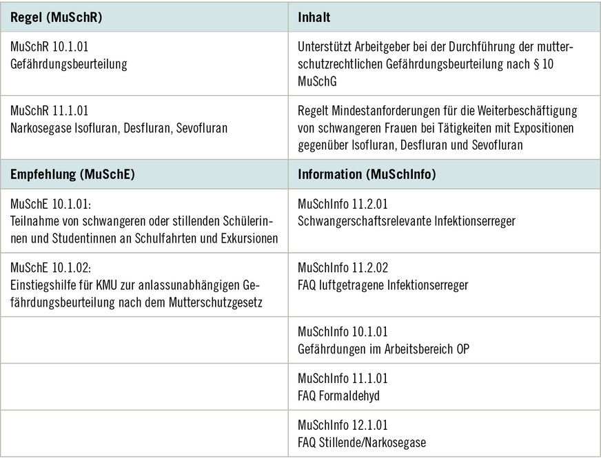 Tabelle&nbsp;1:  Mutterschutzregeln, Mutterschutz-Empfehlungen und Mutterschutz-Informationen des Ausschusses für Mutterschutz (AfMu)