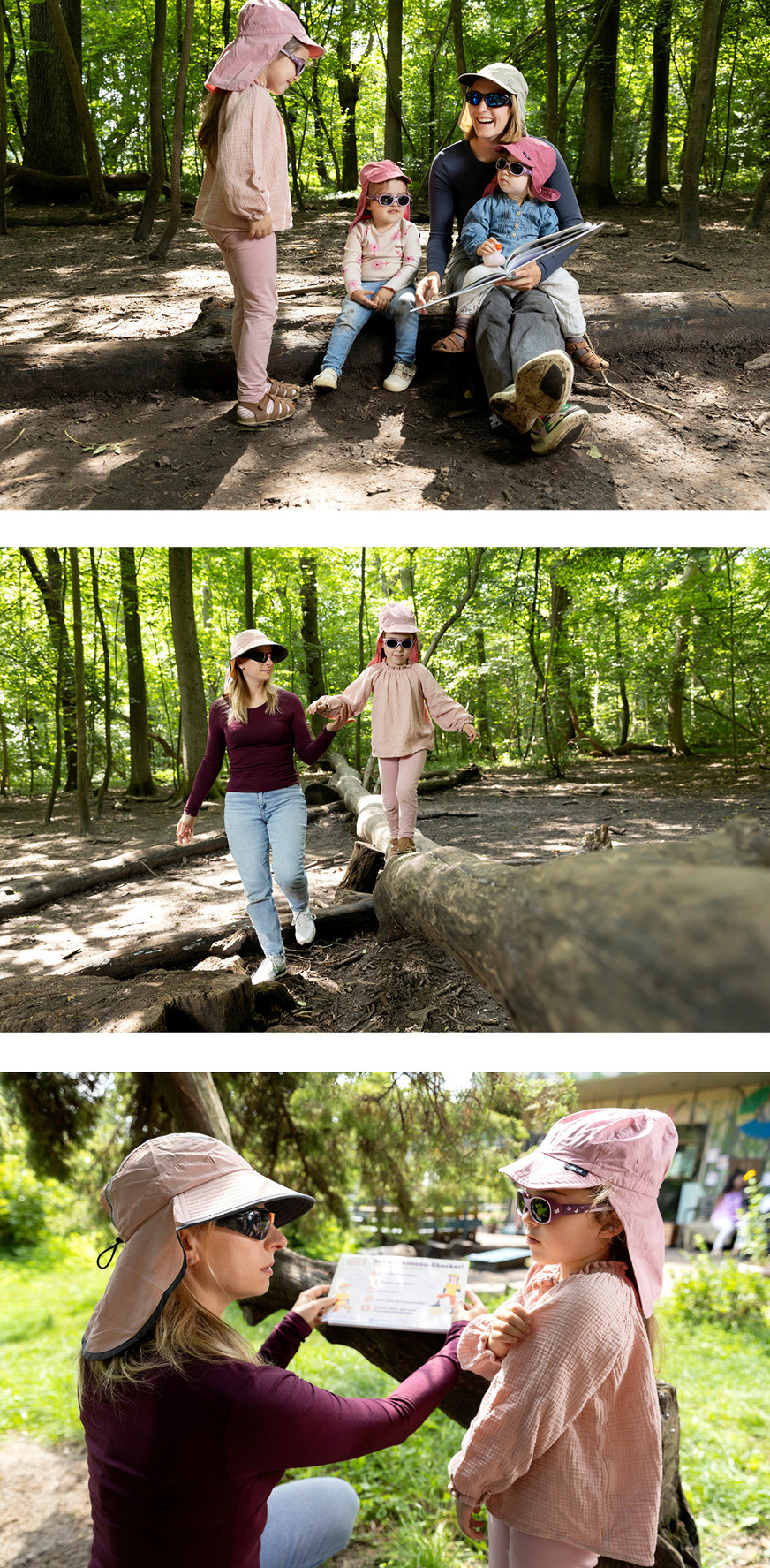 Abb.&nbsp;3:  UV-Schutzmaßnahmen bei Beschäftigten im Waldkindergarten. Abgebildet wird u. a. die Nutzung des Schattens von Bäumen auf dem Gelände sowie von Bäumen bei einem Waldausflug (technische bzw. organisatorische Schutzmaßnahme) sowie die Nutzung einer geeignete Sonnenbrille und eines textilen Sonnenschutzes durch geeignete Kleidung (personenbezogene Schutzmaßnahmen). Ferner sind Hautpartien, die nicht mittels den o. g. Maßnahmen geschützt werden können, mit einem geeigneten Sonnenschutzmittel eingerieben (personenbezogene Schutzmaßnahme), was fotographisch nicht abgebildet werden kannFig.&nbsp;3: UV protection measures for employees at the forest kindergarten. The image shows, among other things, the use of shade from trees on the grounds and from trees during forest excursions (technical and organizational protective measures), as well as the use of suitable sunglasses and sun-protective clothing (personal protective measures). Furthermore, areas of skin that cannot be protected by the aforementioned measures are treated with a suitable sunscreen (personal protective measure), which cannot be captured in the photograph