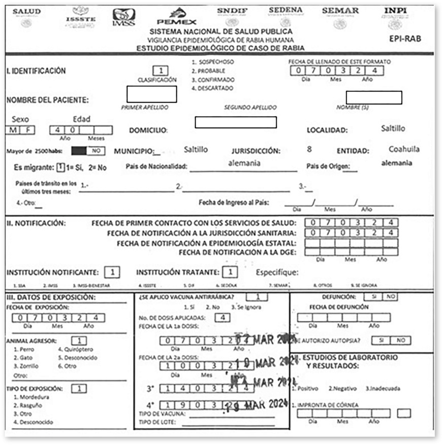 Abb. 4:  Ausschnitt aus dem Arztbrief zur empfohlenen Postexpositionsprophylaxe in Mexiko. Mexikanische Impfempfehlung mit Aktivimpfungen an Tag 1, 4, 8, 13 (Quelle: Medizinische Dokumentation Patient, mit freundl. Genehmigung)