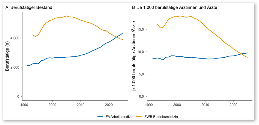Abb. 1:  Darstellung der berufstätigen Ärztinnen und Ärzte mit Facharztqualifikation oder Zusatz-Weiterbildung. A Absolute Darstellung, B Darstellung je 1000 berufstätige Ärztinnen und Ärzte