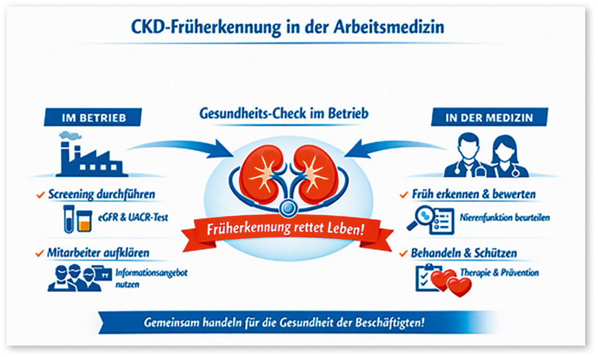 Abb.&nbsp;2:  Die potenziellen Interaktionen zwischen Arbeitsmedizin und Nephrologie im Hinblick auf ein CKD-Screening (erzeugt mit Microsoft Copilot durch R. Wendt)