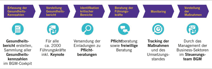 Abb. 2:  Jährlicher Beratungsprozess vom Zusammentragen der Gesundheitskennzahlen bis zum Nachverfolgen der ­abgeleiteten Maßnahmen