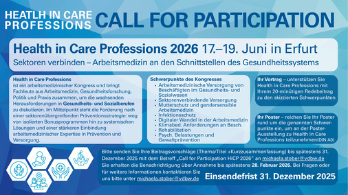 Aufruf zur Teilnahme: Gesundheit in Pflegeberufen 2026, Infos zu Themen, Einreichungen und Fristen auf Deutsch.