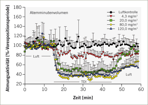 Pleythysmographische Messung der Konzentrationsabhängigkeit des Atemminutenvolumens der Ratte infolge Reflexbradypnoe. Exposition gegenüber Luft, TDI und wieder Luft für jeweils 15, 30 und 15 min

Fig. 4: Pleythysmographic measurement of the concentration-dependence of the respiratory minute volume of the rats as a result of reflexively-induced bradypnea. Exposure to air, TDI, and air again, each for 15, 30 und 15 min
