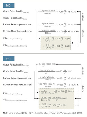 <p>Speziesspezifische Ratte-zu-Mensch-Adjustierung von MDI-Aerosol und TDI-Dampf. Die Humandaten wurden ebenfalls auf den Arbeitstag adjustiert. MDI-Aerosol: Die Reizschwellendosis wurde nach 1-mal 6-stündiger Exposition in der Wistar-Ratte durch Analyse von Protein in der bronchoalveolären Lavageflüssigkeit ermittelt und auf einen 8-Stunden-Arbeitstag adjustiert. Die Schwellendosis für die Sensibilisierung wurde wie in Abb. 3 dargestellt errechnet und ebenfalls auf den Arbeitstag adjustiert. Bei Anwendung eines Dosimetriefaktors von 2D und einem Intraspezies-Empfindlichkeitsfaktor von 3S ergibt sich auf der Basis der akuten Reizschwelle der für MDI gültige Arbeitsplatzgrenzwert. Für Asthma wird ein Intraspezies-Empfindlichkeitsfaktor von 10S angewendet. TDI-Dampf: Die Reizschwellendosis wurde auf der Basis Reflexbradypnoe (10% Depression der Ventilation bei 2,1 mg/m³) abgeleitet. Die Auslöseschwelle wurde mit ca. 6 mg/m³ x 30 min berechnet und ebenfalls auf den Arbeitstag adjustiert. Nach Zeit- und Dosisadjustierung, einschließlich der Transposition der Reizlokalisation (x10<sub>URI–>LRI</sub>) und einem Intraspezies-Empfindlichkeitsfaktor für den jeweiligen Endpunkt ergibt sich ein Grenzwert von 0,035 mg/m³ (Reizung) bzw. 0,01 mg/m³ für die asthmaauslösende Wirkung</p>

<p>Fig. 5: Species-specific rat-to-human adjustment of MDI-aerosol and TDI-vapour. All human data were adjusted to an 8-hour work day. MDI-aerosol: The irritant threshold dose was calculated based on 1x6-hour exposure of Wistar rats and analysis of protein in bronchoalveolar lavage fluid (8-hour adjusted). The elicitation threshold dose was estimated as shown in Fig. 3 and adjusted to an 8-hour work day. When using a dosimetry factor of 2D and an intra-species susceptibility factor of 3S then the estimated irritation-based threshold is similar to the current workplace standard of MDI. For asthma an intra-species susceptibility factor of 10S is used. TDI-vapour: The irritation threshold was derived based on reflex-bradypnea (10% depression of ventilation at 2.1 mg/m³). The elicitation threshold was estimated to be 6 mg/m³ x 30 min and adjusted for the 8-hour work day. Following time, dose and location of irritation (x10<sub>URI–>LRI</sub>) adjustments as well as intra-species susceptibility factors for the respective endpoint threshold doses of 0.035 mg/m³ (irritation) and 0.01 mg/m³ elicitation of asthma were derived</p>