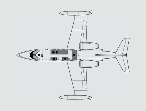 
 Abb. 2: 
 Positionen des Mikrofons innerhalb des Learjets 35A: (A) Piloten; (B) Patient; (C–E) Arzt oder Rettungsassistent


